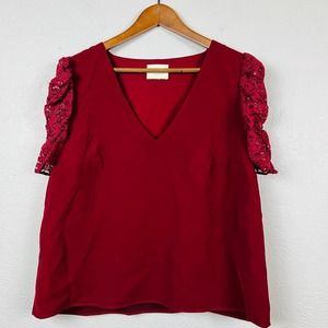 Sezane V Neck Blouse Lace Cap Sleeve Tunic Top Cranberry - XL